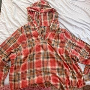 BloomChic Red/Orange Rust Color Plaid Hoodie Sweatshirt